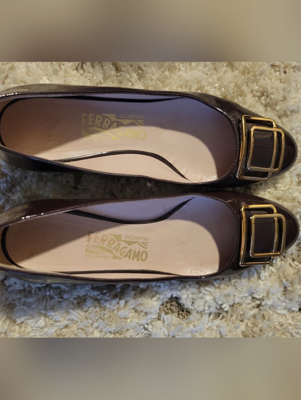 Salvatore Ferragamo Dark Brown Patent Leather Flats with Gold Buckle - Picture 11 of 16